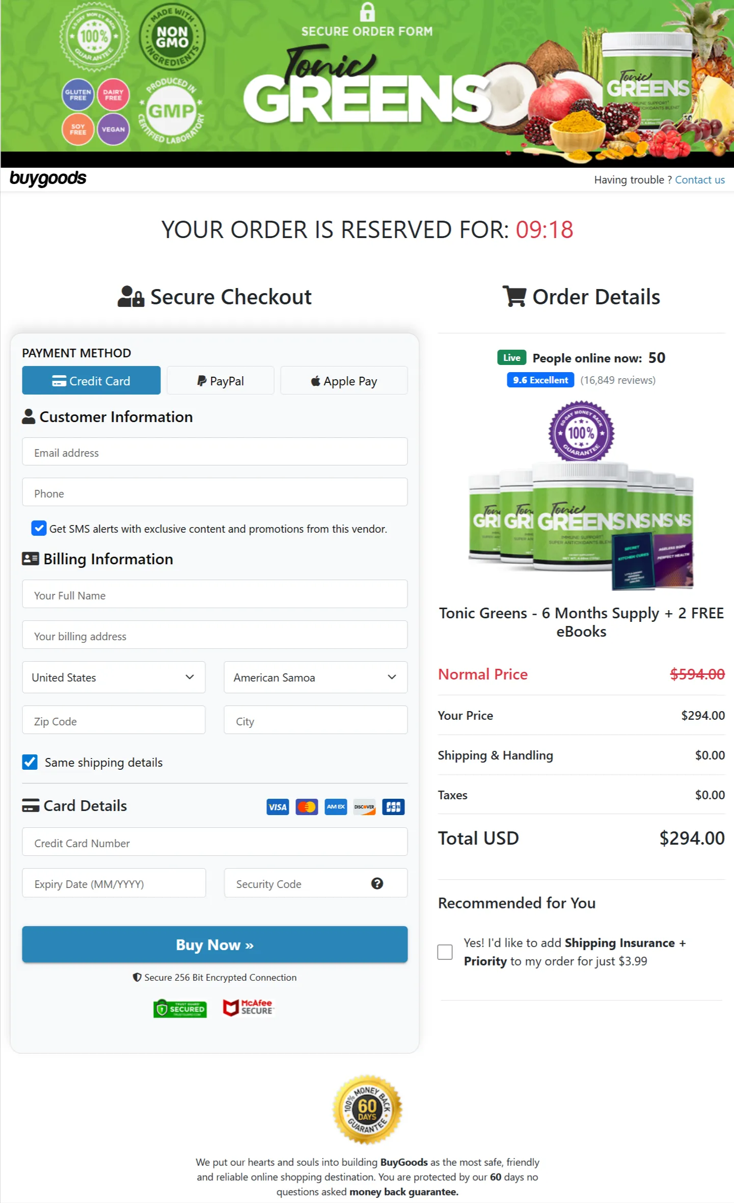 Tonic Greens checkout page